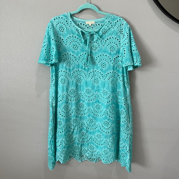 Ruby Yaya Embroidered Eyelet Shift Dress W/ Slip Flare Short Sleeve Aqua Cotton - Picture 2 of 12